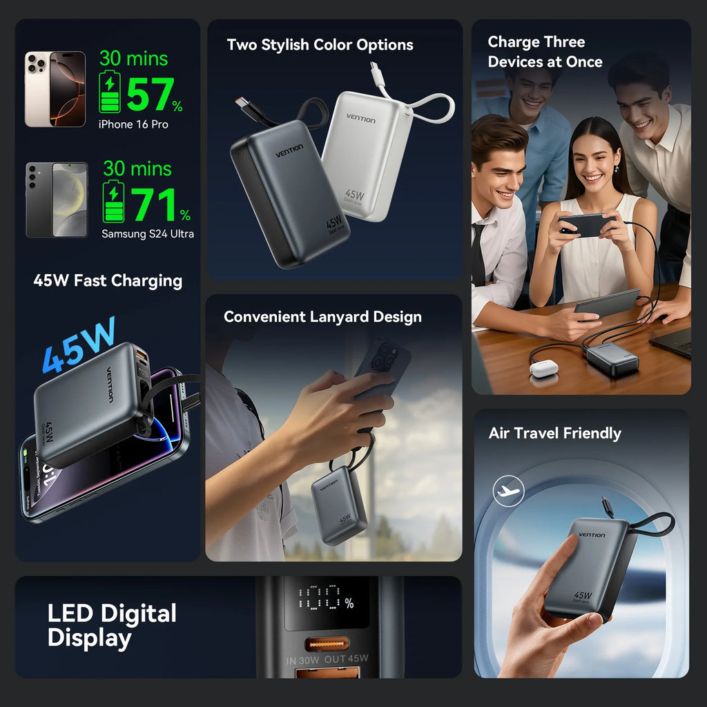 Vention Power Bank 20,000mAh — טעינה מהירה 45W | USB-C PD