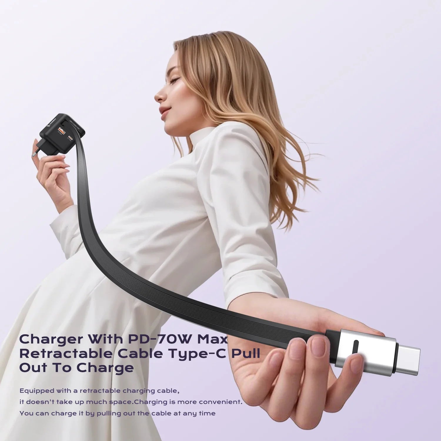 PowerGo Retract 70W — מטען קיר GaN עם כבל נשלף מובנה | 3 יציאות