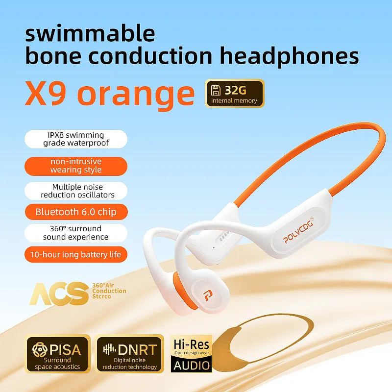 POLVCDG X9 — אוזניות הולכת עצם לשחייה | IPX8 · נגן MP3 מובנה 32GB