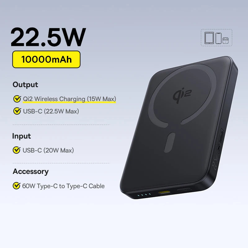 Baseus Qi2 — מטען נייד מגנטי אלחוטי 10,000mAh | ‏15W · תואם MagSafe