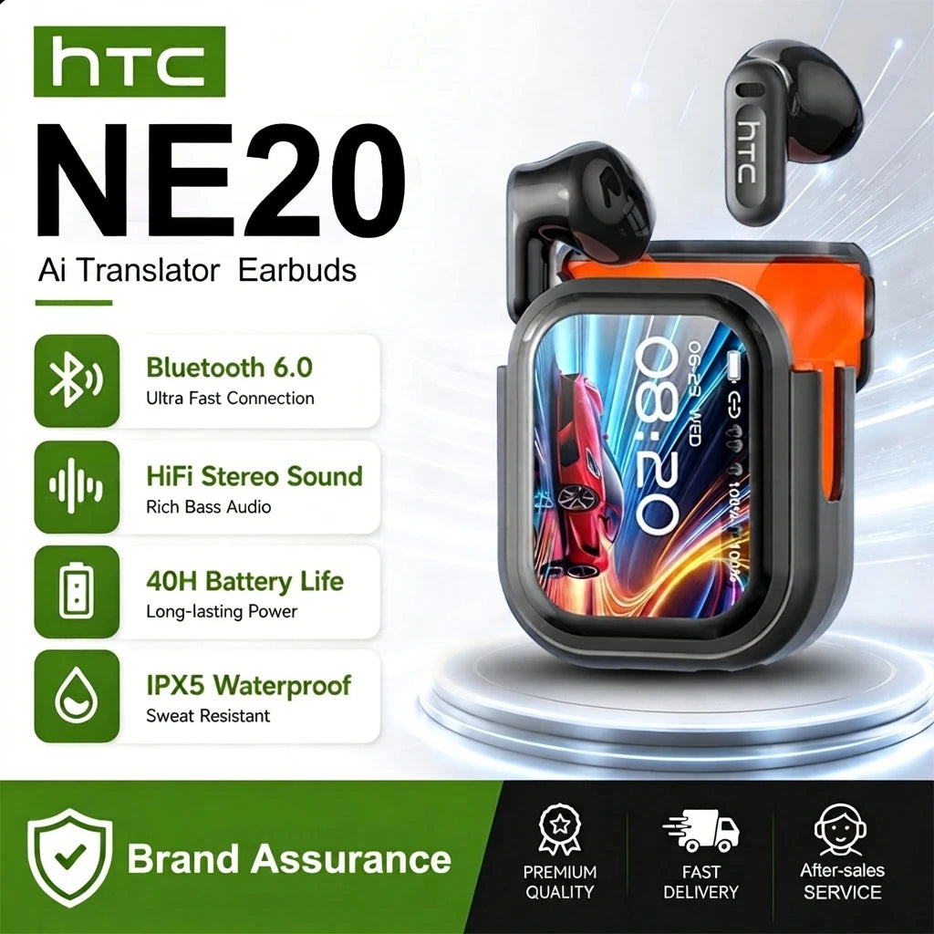 HTC NE20 — אוזניות אלחוטיות פרימיום | מסך מגע · תרגום סימולטני AI