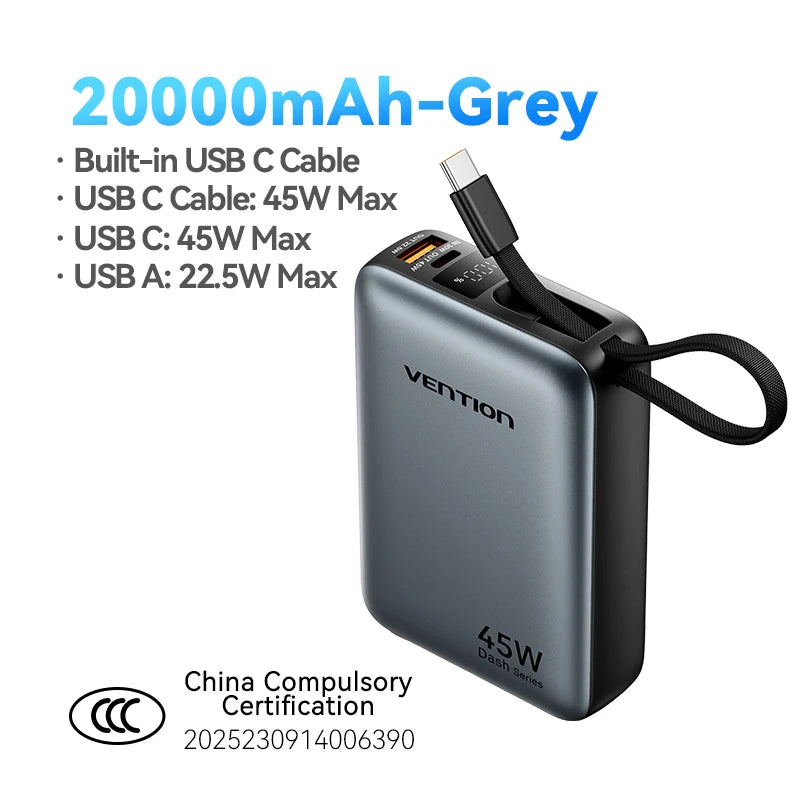 Vention Power Bank 20,000mAh — טעינה מהירה 45W | USB-C PD