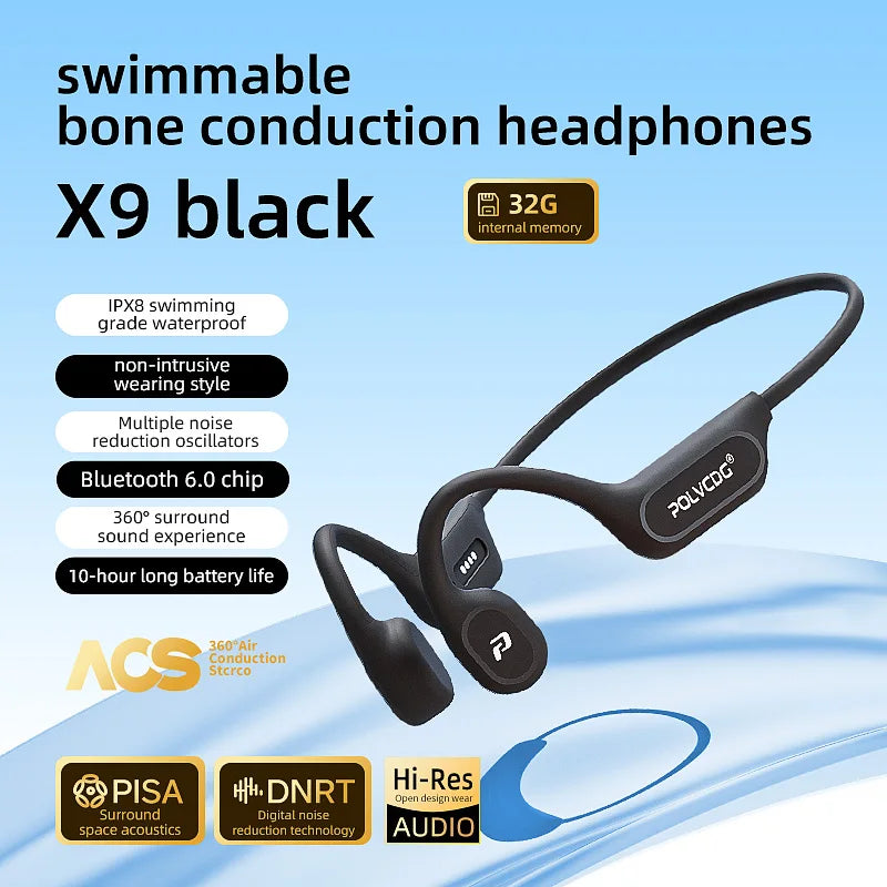 POLVCDG X9 — אוזניות הולכת עצם לשחייה | IPX8 · נגן MP3 מובנה 32GB