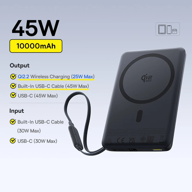 Baseus Qi2 — מטען נייד מגנטי אלחוטי 10,000mAh | ‏15W · תואם MagSafe