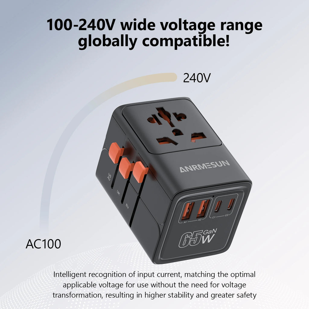 PowerGo Voyager 65W — מתאם נסיעות אוניברסלי | ‏4×AC · USB-C PD · לכל העולם