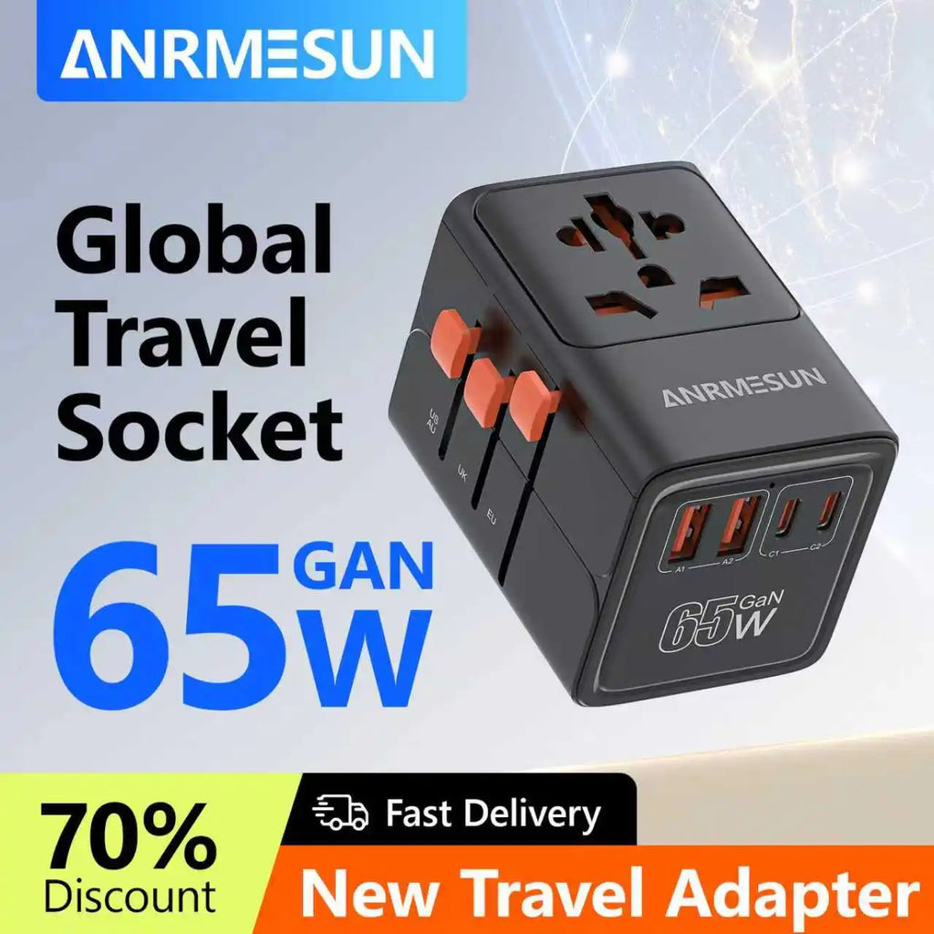 PowerGo Voyager 65W — מתאם נסיעות אוניברסלי | ‏4×AC · USB-C PD · לכל העולם