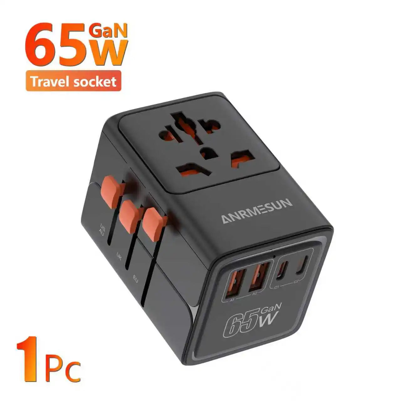 PowerGo Voyager 65W — מתאם נסיעות אוניברסלי | ‏4×AC · USB-C PD · לכל העולם