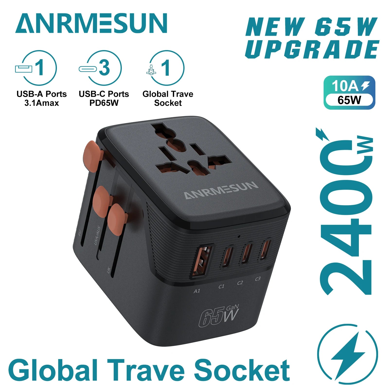 PowerGo Voyager 65W — מתאם נסיעות אוניברסלי | ‏4×AC · USB-C PD · לכל העולם