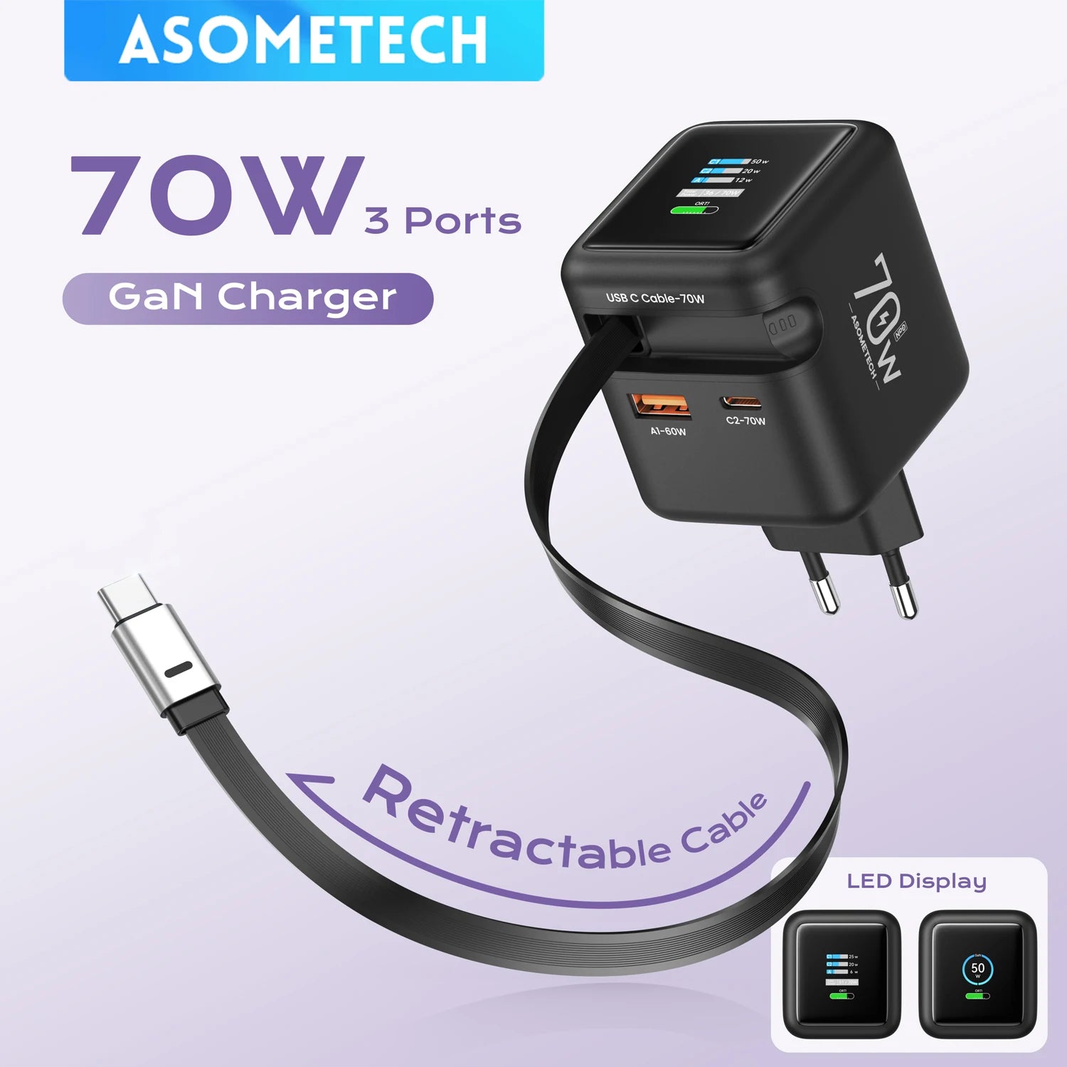 PowerGo Retract 70W — מטען קיר GaN עם כבל נשלף מובנה | 3 יציאות