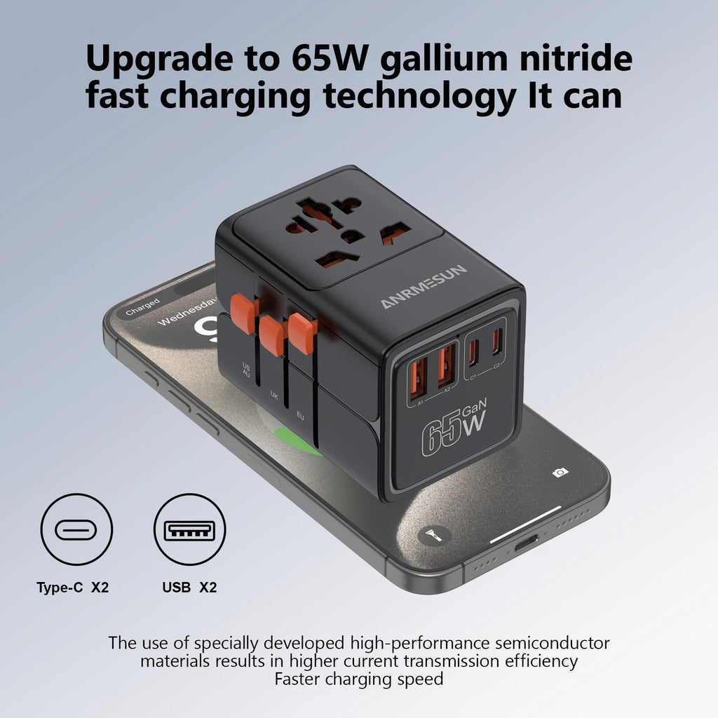 PowerGo Voyager 65W — מתאם נסיעות אוניברסלי | ‏4×AC · USB-C PD · לכל העולם