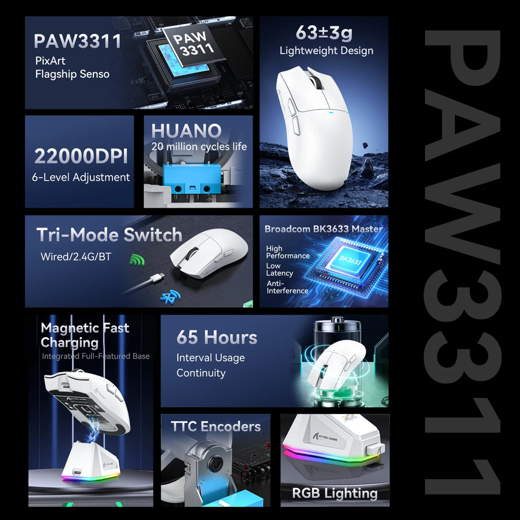 ATTACK SHARK X11 — עכבר גיימינג אלחוטי | PAW3311 · תחנת טעינה RGB