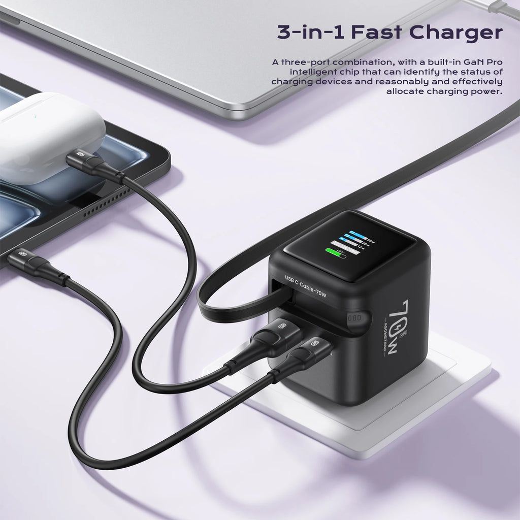 PowerGo Retract 70W — מטען קיר GaN עם כבל נשלף מובנה | 3 יציאות