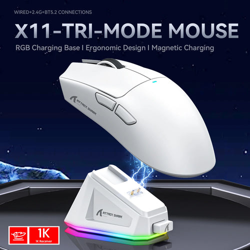 ATTACK SHARK X11 — עכבר גיימינג אלחוטי | PAW3311 · תחנת טעינה RGB