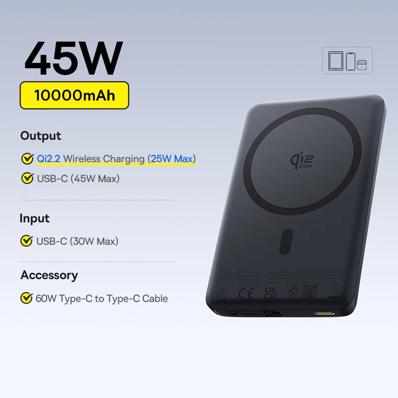 Baseus Qi2 — מטען נייד מגנטי אלחוטי 10,000mAh | ‏15W · תואם MagSafe