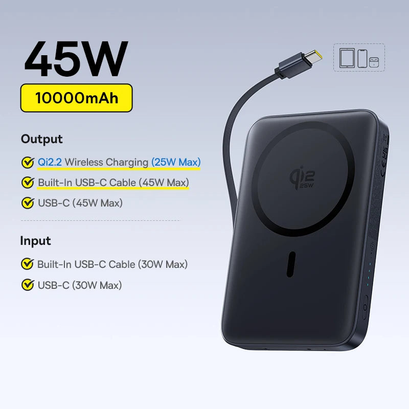 Baseus Qi2 — מטען נייד מגנטי אלחוטי 10,000mAh | ‏15W · תואם MagSafe