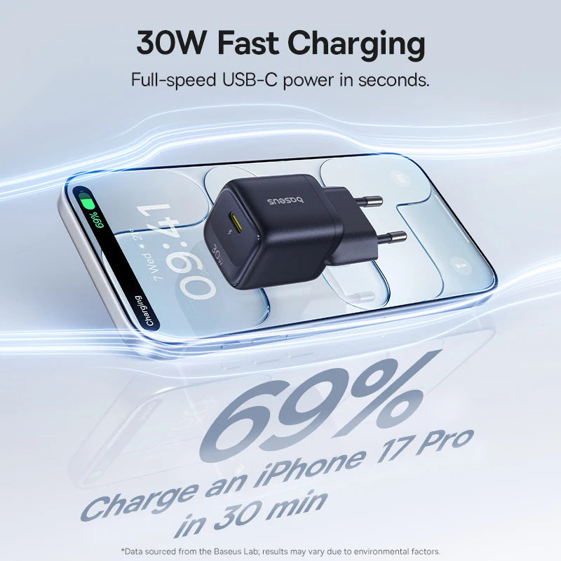 Baseus GaN Mini 30W — מטען קיר קומפקטי | USB-C PD · Quick Charge