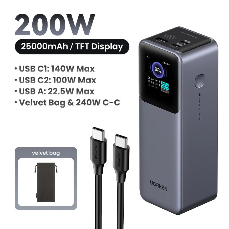 UGREEN Nexode 200W — מטען נייד פרימיום 25,000mAh | תצוגה חכמה · USB-C PD