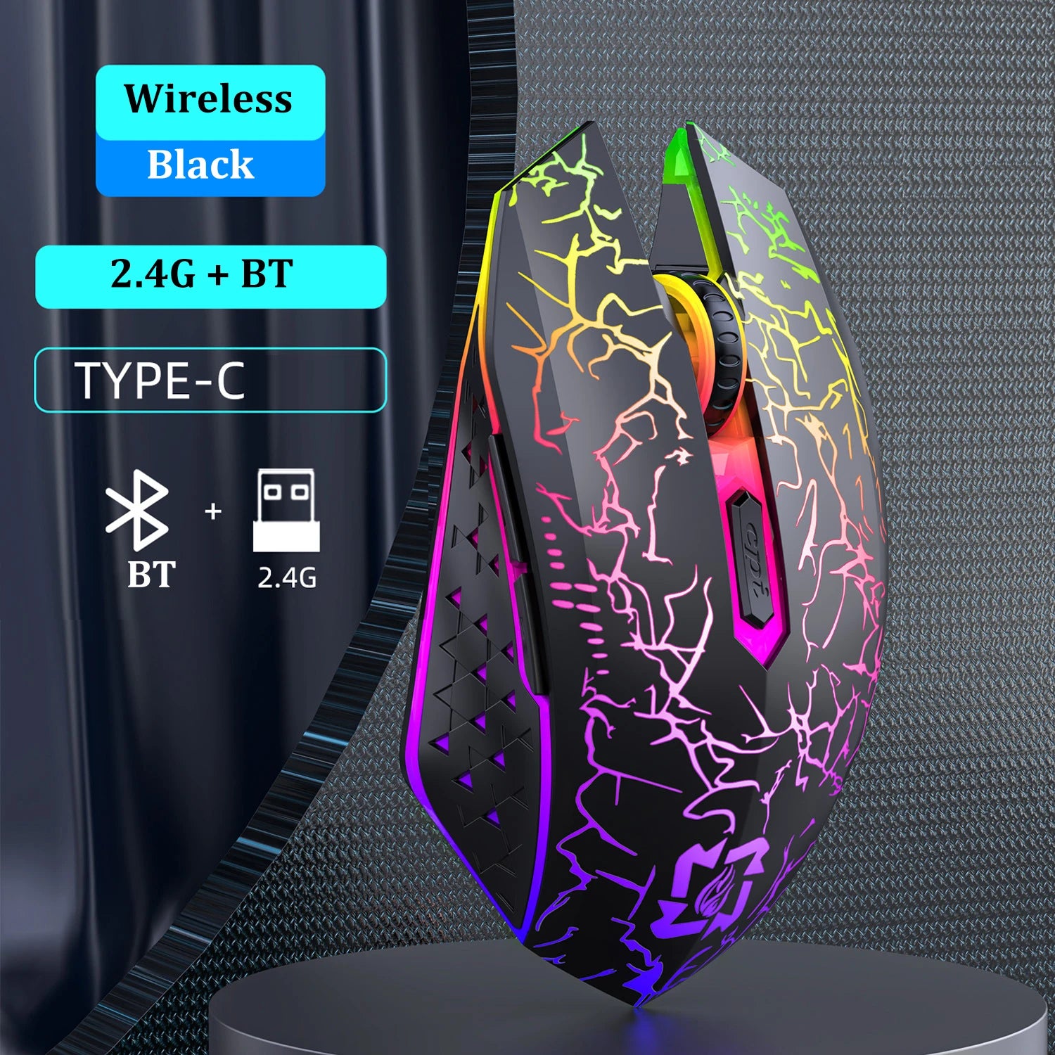 PowerGo Spectrum — עכבר RGB אלחוטי | Bluetooth · 2.4G · שקט