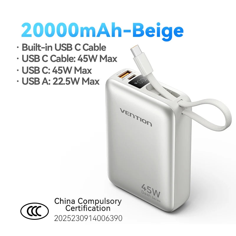 Vention Power Bank 20,000mAh — טעינה מהירה 45W | USB-C PD