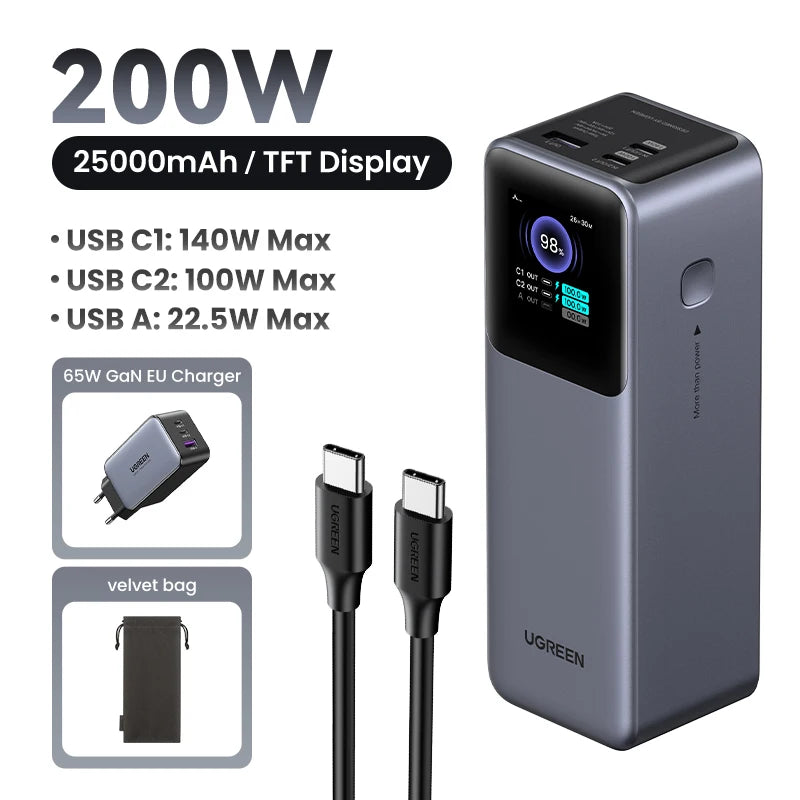 UGREEN Nexode 200W — מטען נייד פרימיום 25,000mAh | תצוגה חכמה · USB-C PD