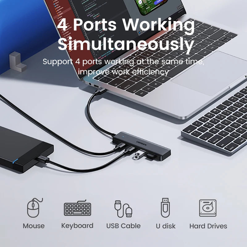 UGREEN Hub 4-Port — מפצל USB 3.0 מקצועי | 4 יציאות · 5Gbps