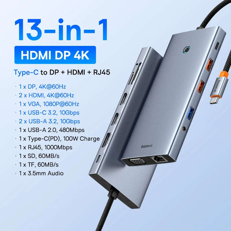 Baseus Dock Pro — תחנת עגינה USB-C עד 13-in-1 | HDMI 8K · PD 100W · RJ45