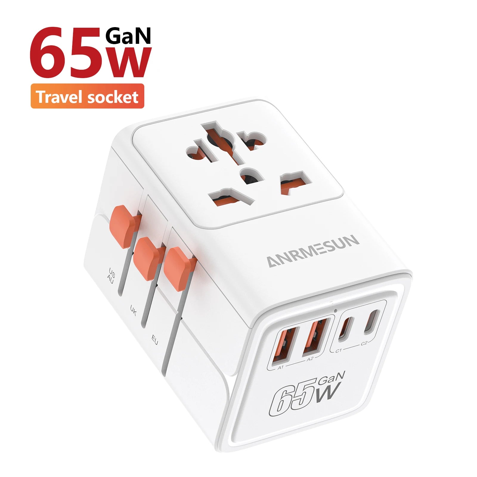 PowerGo Voyager 65W — מתאם נסיעות אוניברסלי | ‏4×AC · USB-C PD · לכל העולם