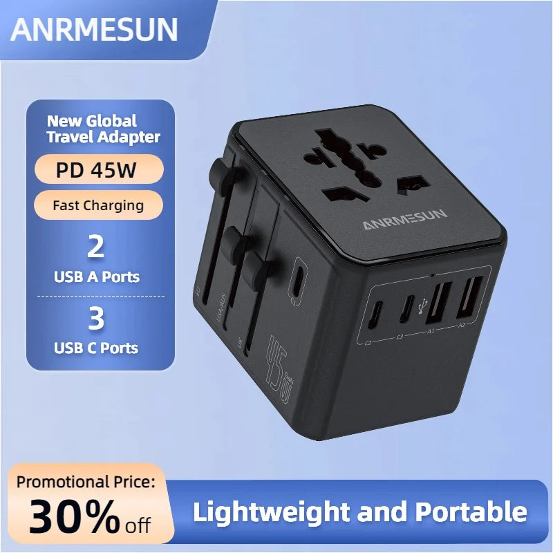 PowerGo Voyager 65W — מתאם נסיעות אוניברסלי | ‏4×AC · USB-C PD · לכל העולם