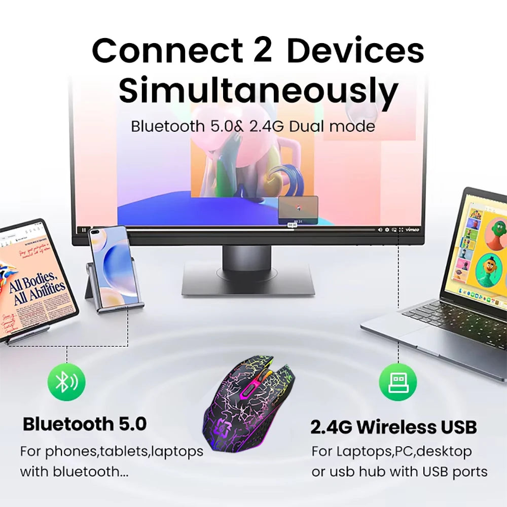 PowerGo Spectrum — עכבר RGB אלחוטי | Bluetooth · 2.4G · שקט