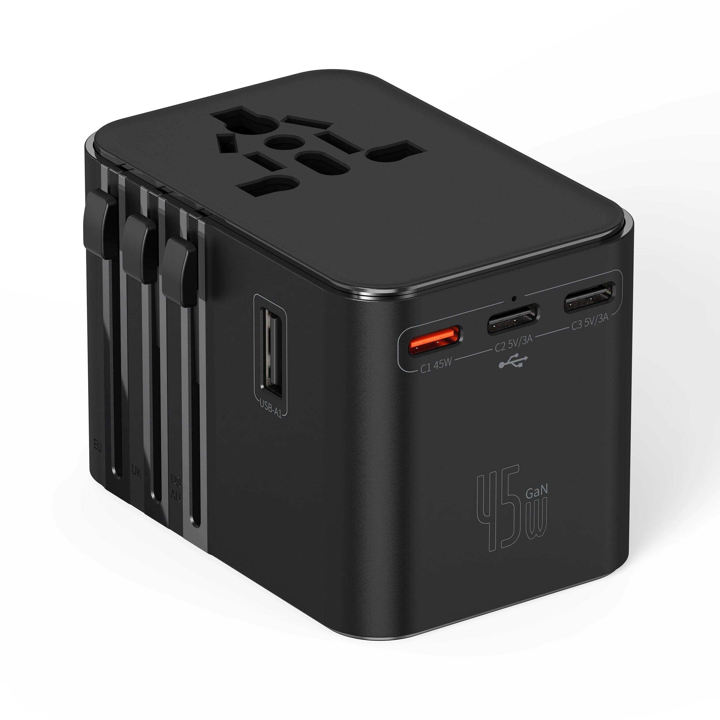 PowerGo Voyager 65W — מתאם נסיעות אוניברסלי | ‏4×AC · USB-C PD · לכל העולם