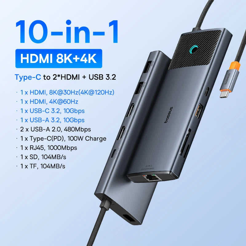 Baseus Dock Pro — תחנת עגינה USB-C עד 13-in-1 | HDMI 8K · PD 100W · RJ45