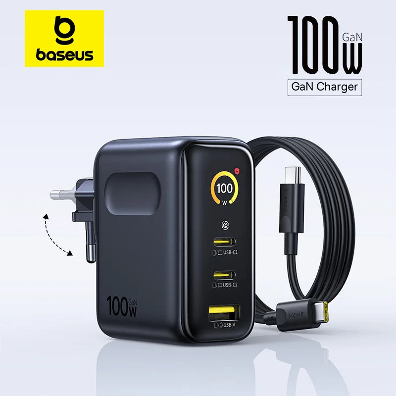 Baseus GaN 100W — מטען קיר מקצועי | ‏2×USB-C · USB-A · PD 3.0