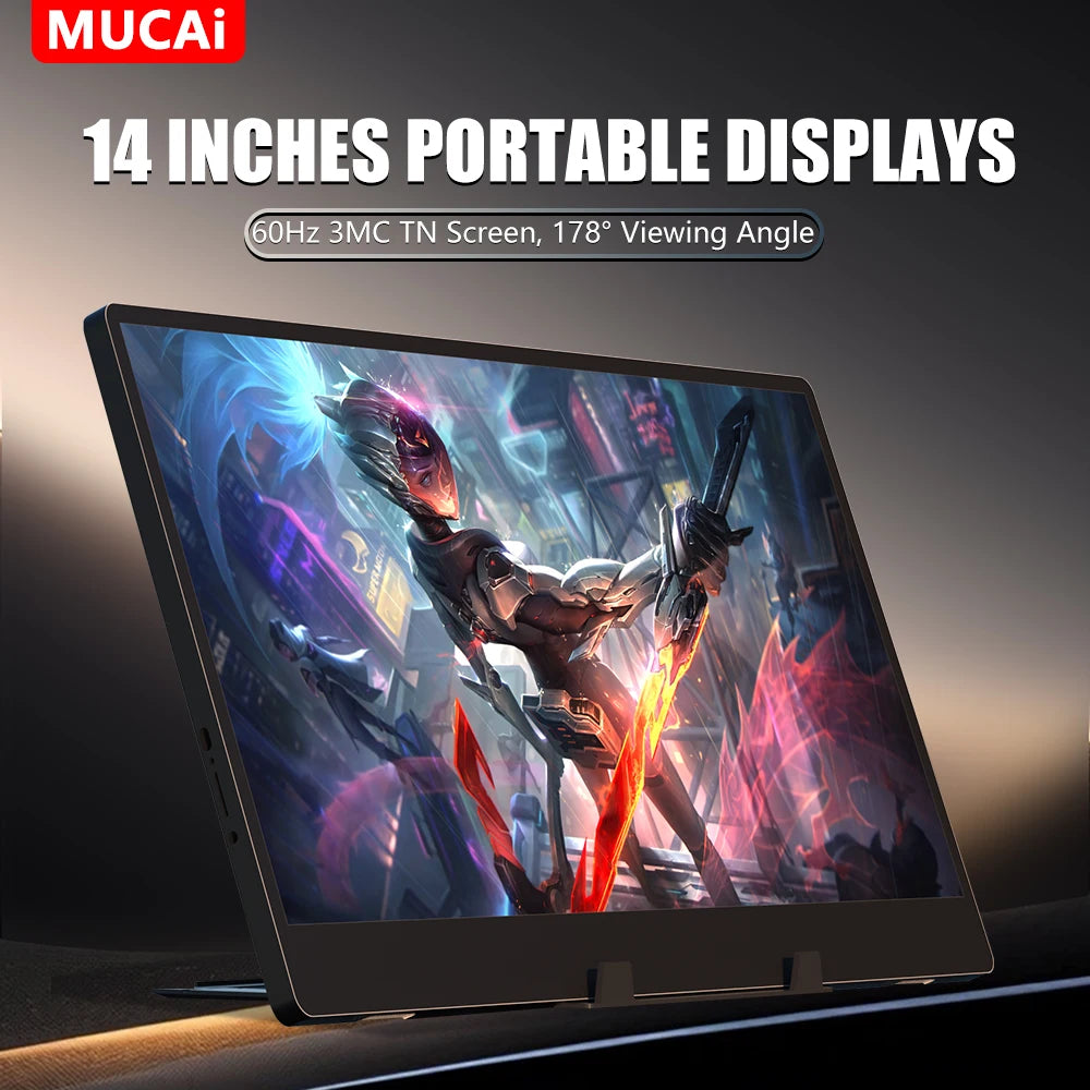 MUCAI 14″ — מסך נייד Full HD | חיבור USB-C יחיד · פרופיל דק