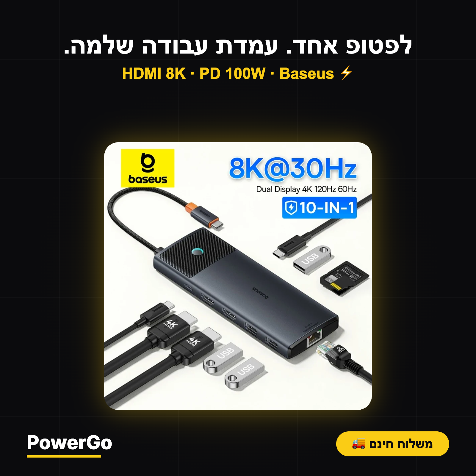 Baseus Dock Pro — תחנת עגינה USB-C עד 13-in-1 | HDMI 8K · PD 100W · RJ45