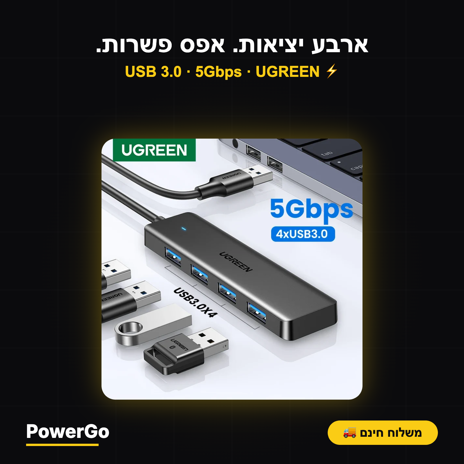 UGREEN Hub 4-Port — מפצל USB 3.0 מקצועי | 4 יציאות · 5Gbps