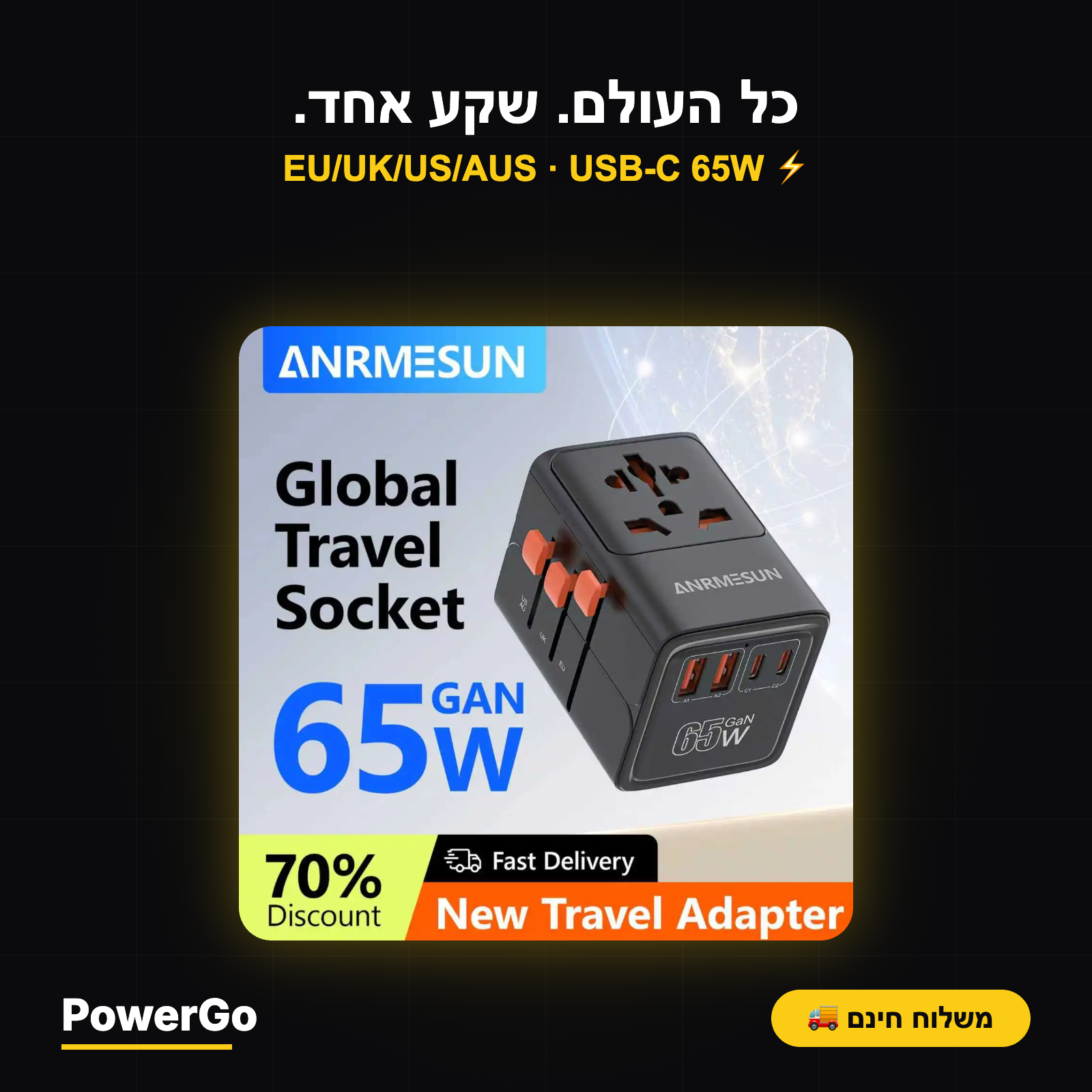 PowerGo Voyager 65W — מתאם נסיעות אוניברסלי | ‏4×AC · USB-C PD · לכל העולם